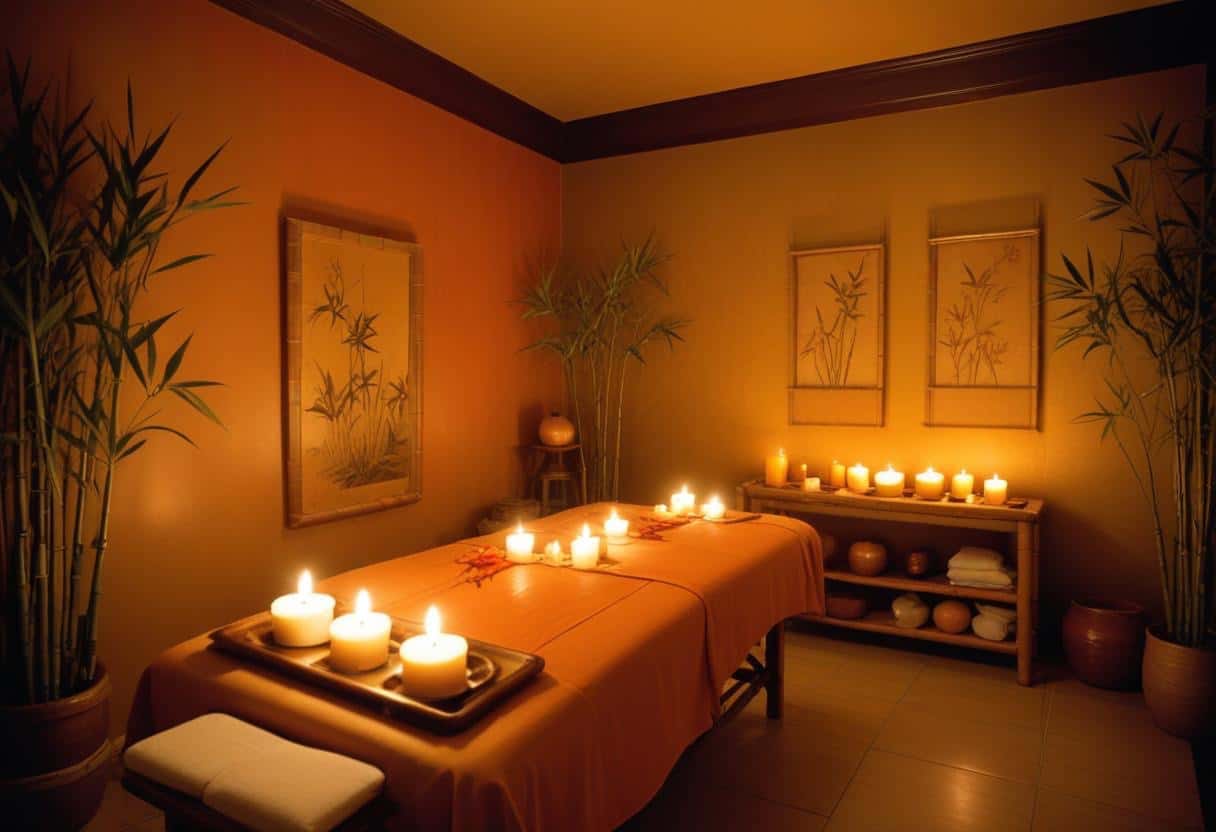 Sala de masajes con velas y bambú acogedora.